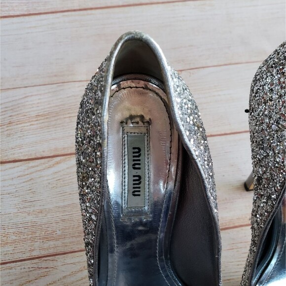 Miu Miu Glitter Peep Toe Stiletto Pumps - Picture 13 of 14